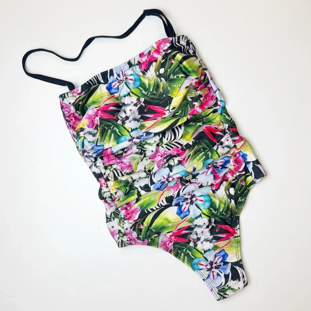 •DANIELA CORTE• Floral One‎ Piece Ruched Strapless Cheeky Swimsuit Size XS